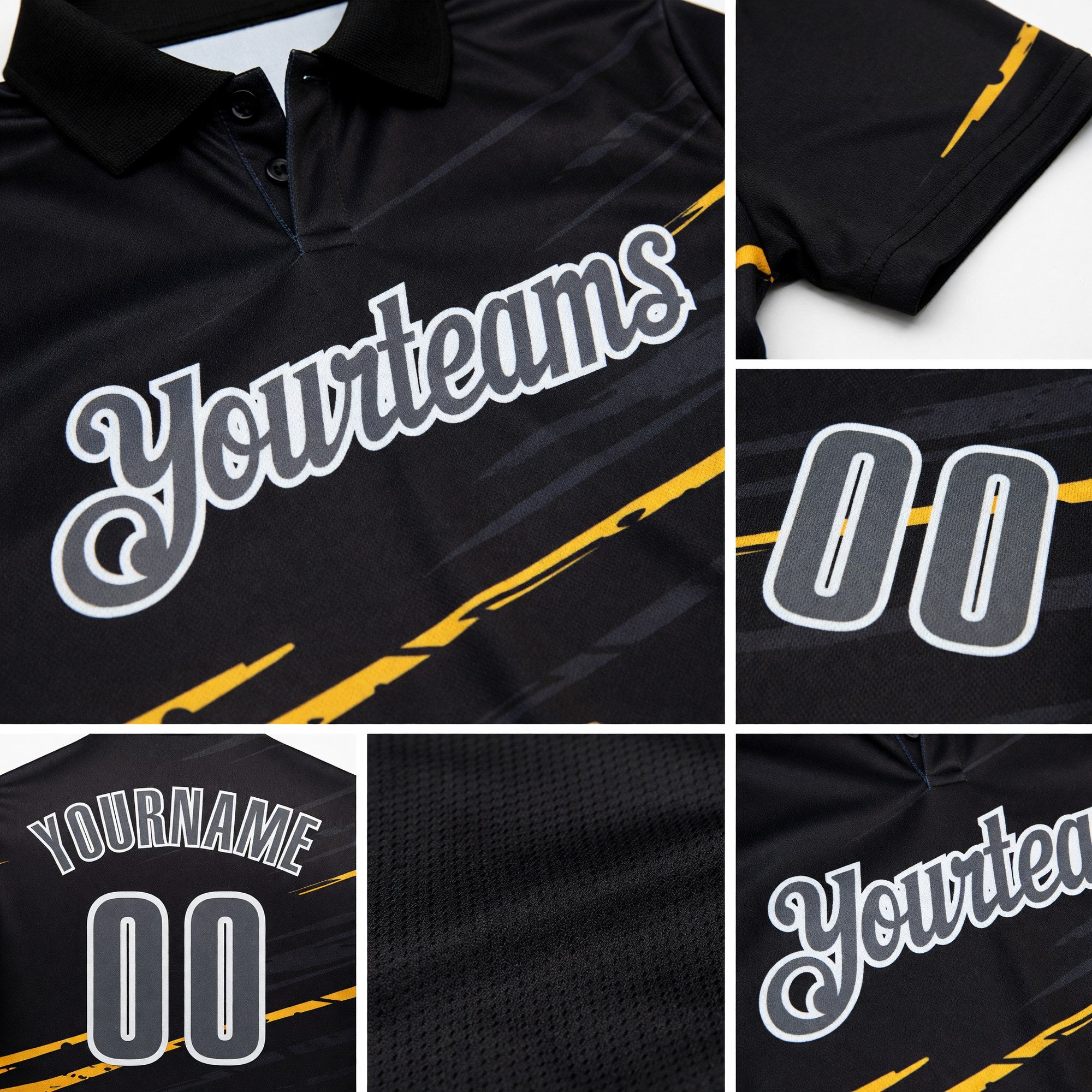 Custom Black Steel Gray-White Bowling Ball And Pins Strike Performance Polo Shirt detail