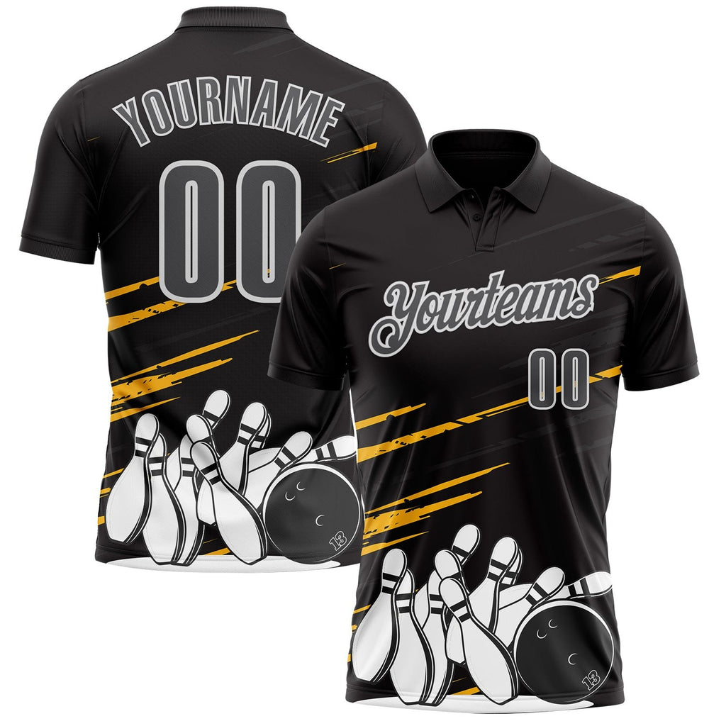 Custom Black Steel Gray-White Bowling Ball And Pins Strike Performance Polo Shirt photo 1