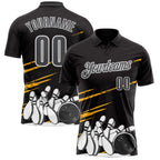 Custom Black Steel Gray-White Bowling Ball And Pins Strike Performance Polo Shirt photo 1