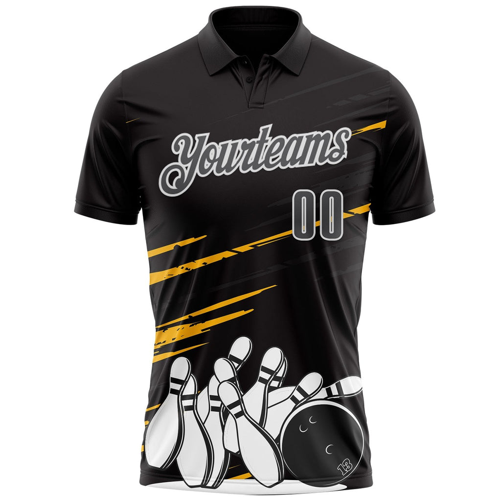 Custom Black Steel Gray-White Bowling Ball And Pins Strike Performance Polo Shirt photo 2