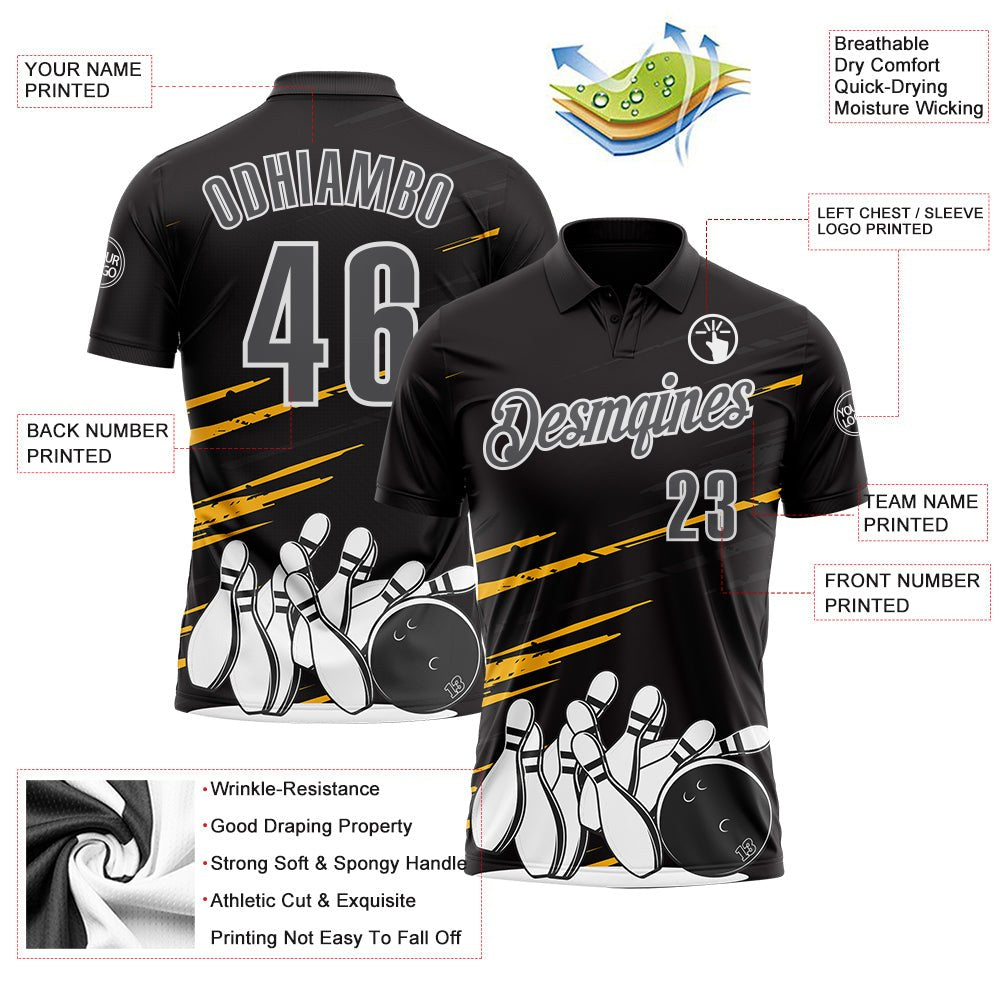 Custom Black Steel Gray-White Bowling Ball And Pins Strike Performance Polo Shirt photo 3