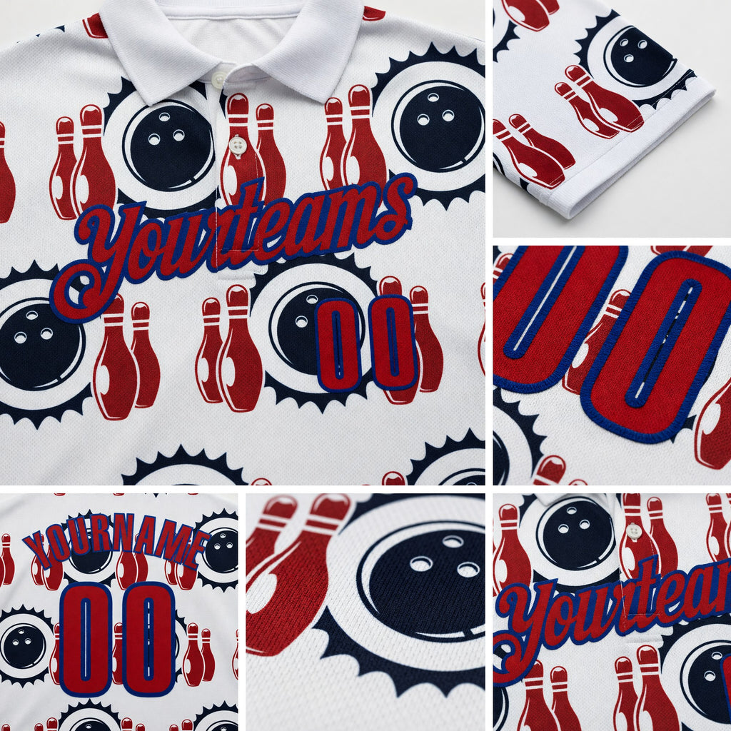 Custom White Red-Royal Bowling Ball And Pins Strike Performance Polo Shirt detail
