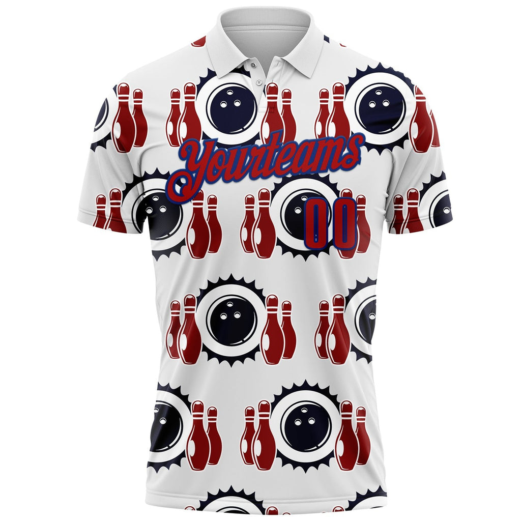 Custom White Red-Royal Bowling Ball And Pins Strike Performance Polo Shirt photo 1
