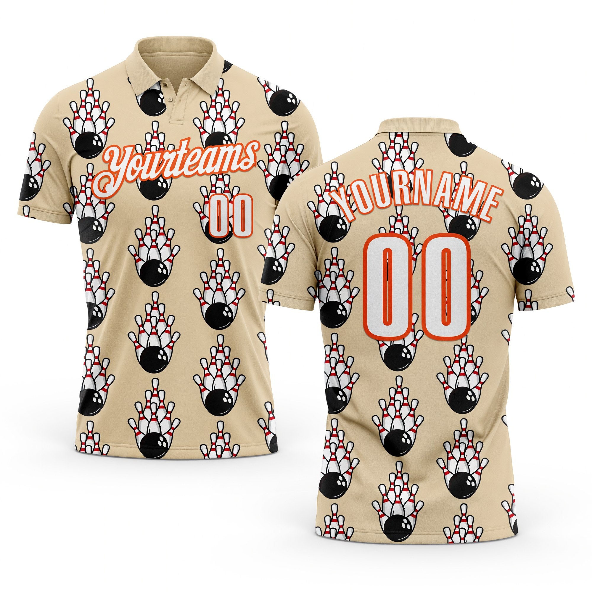 Custom City Cream White-Orange Bowling Ball And Pins Strike Performance Polo Shirt