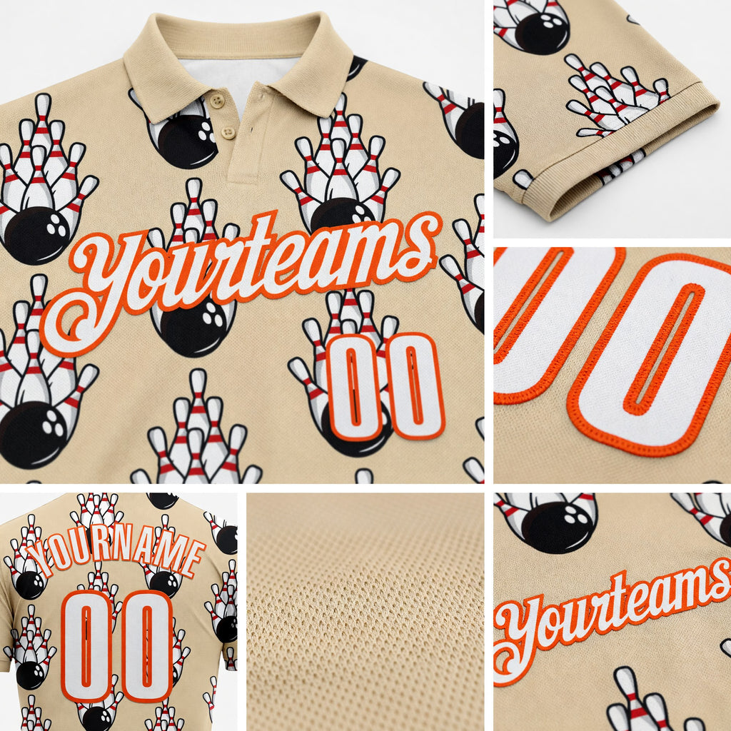 Custom City Cream White-Orange Bowling Ball And Pins Strike Performance Polo Shirt detail