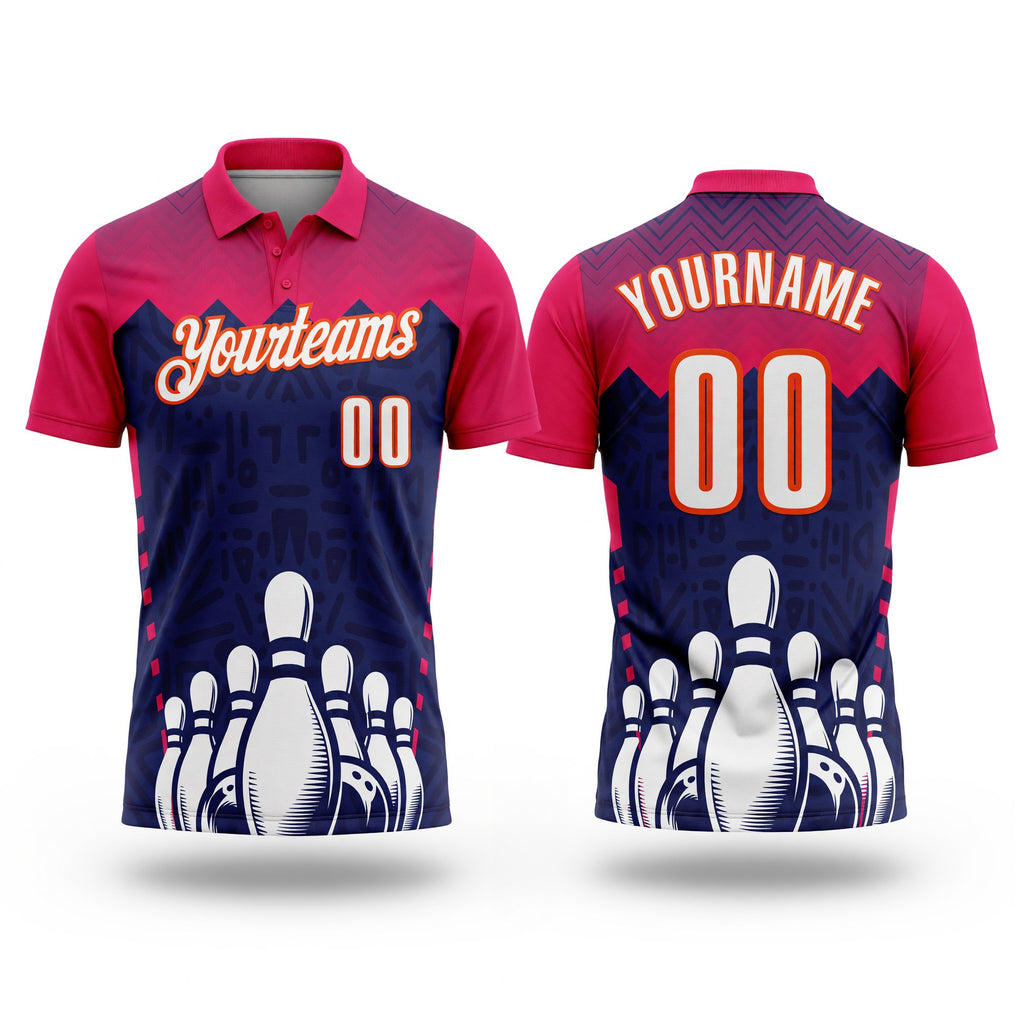 Custom Hot Pink White Navy-Orange Bowling Ball And Pins Strike Performance Polo Shirt