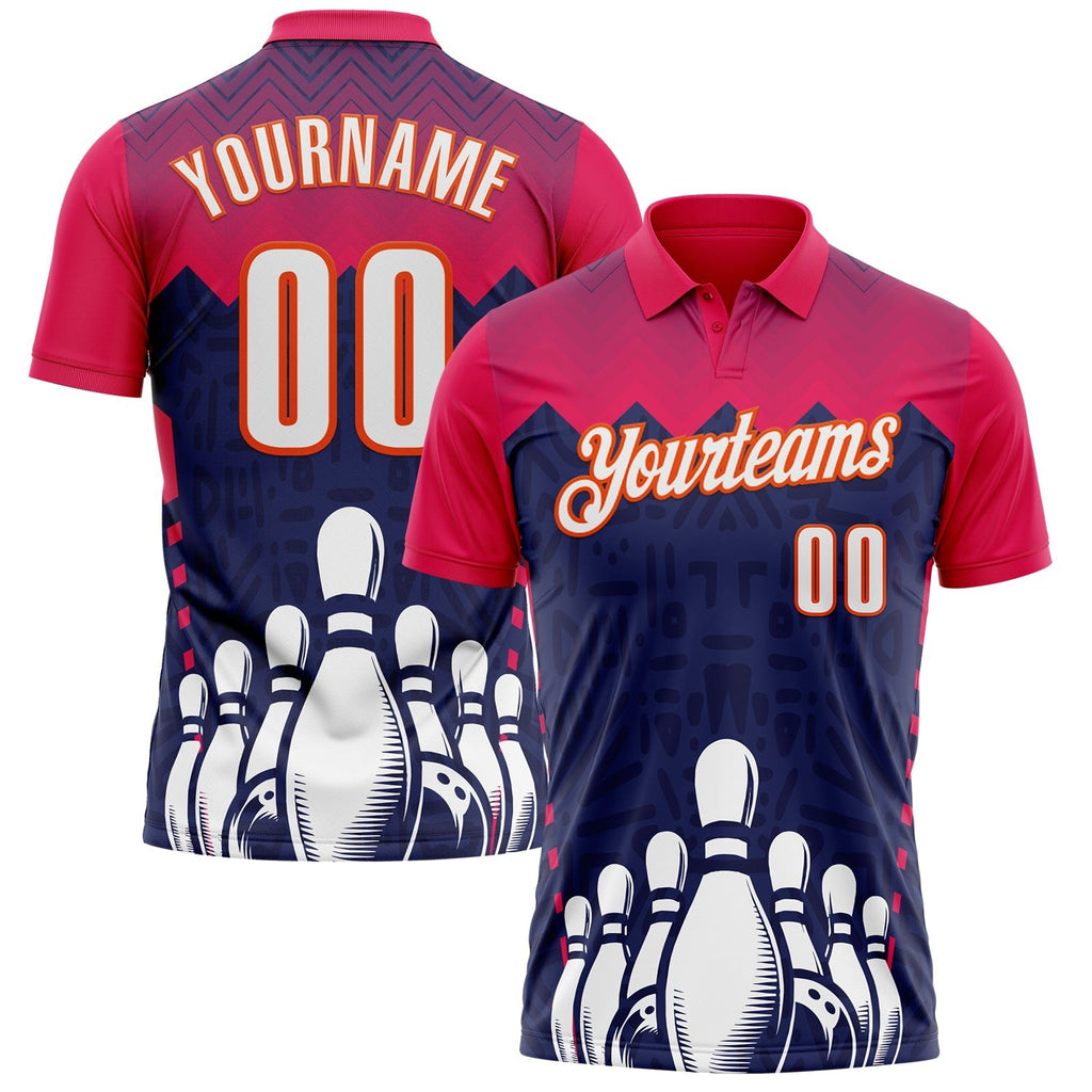 Custom Hot Pink White Navy-Orange Bowling Ball And Pins Strike Performance Polo Shirt photo 1