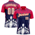 Custom Hot Pink White Navy-Orange Bowling Ball And Pins Strike Performance Polo Shirt photo 1
