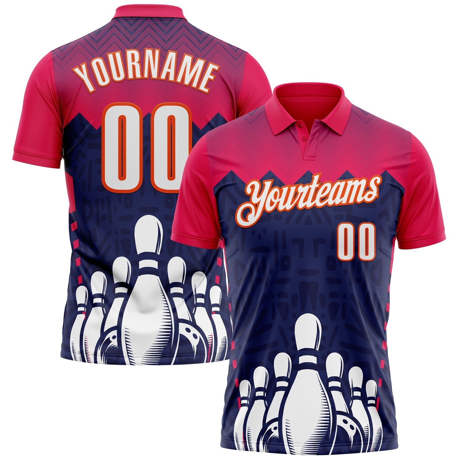 Custom Hot Pink White Navy-Orange Bowling Ball And Pins Strike Performance Polo Shirt photo 1