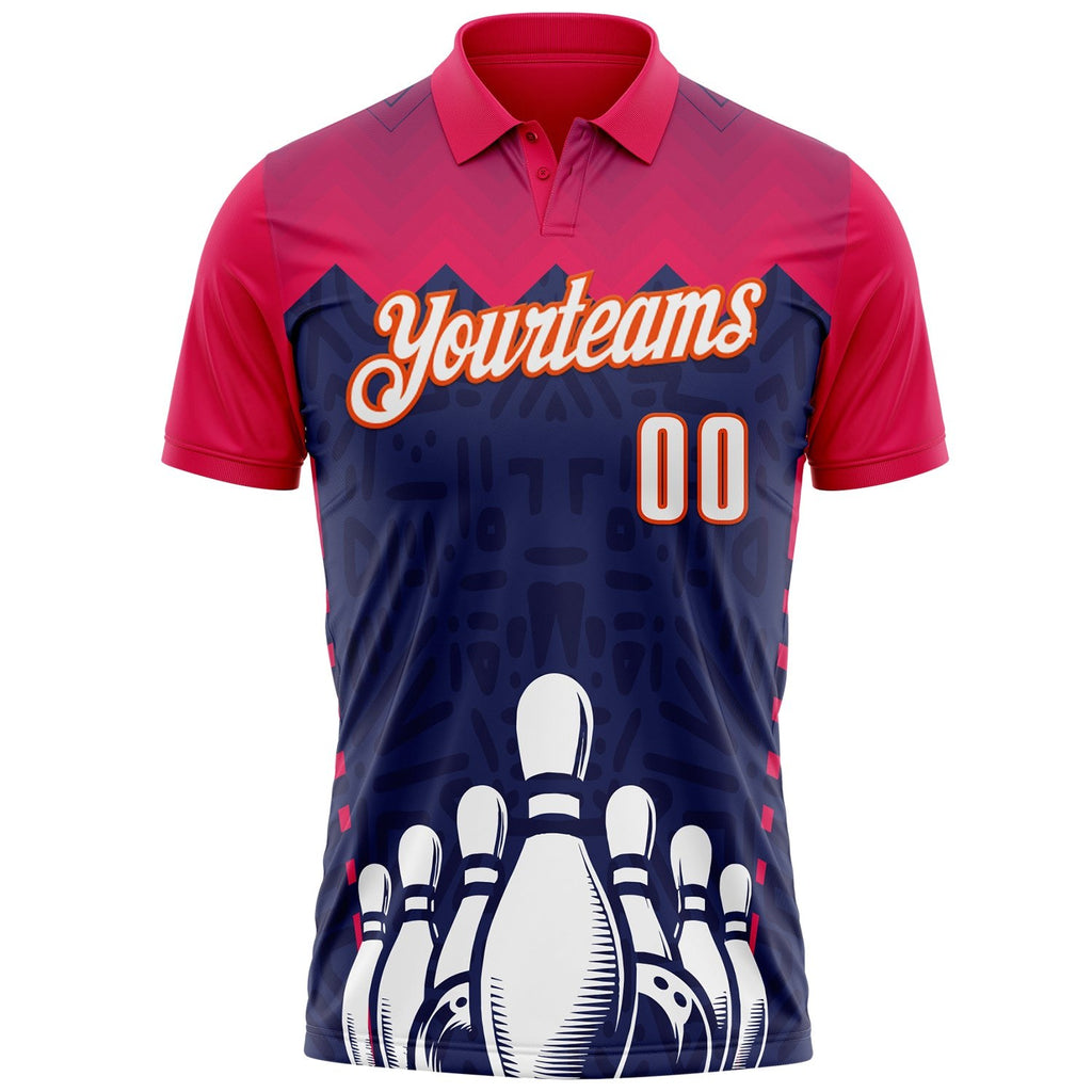 Custom Hot Pink White Navy-Orange Bowling Ball And Pins Strike Performance Polo Shirt photo 2