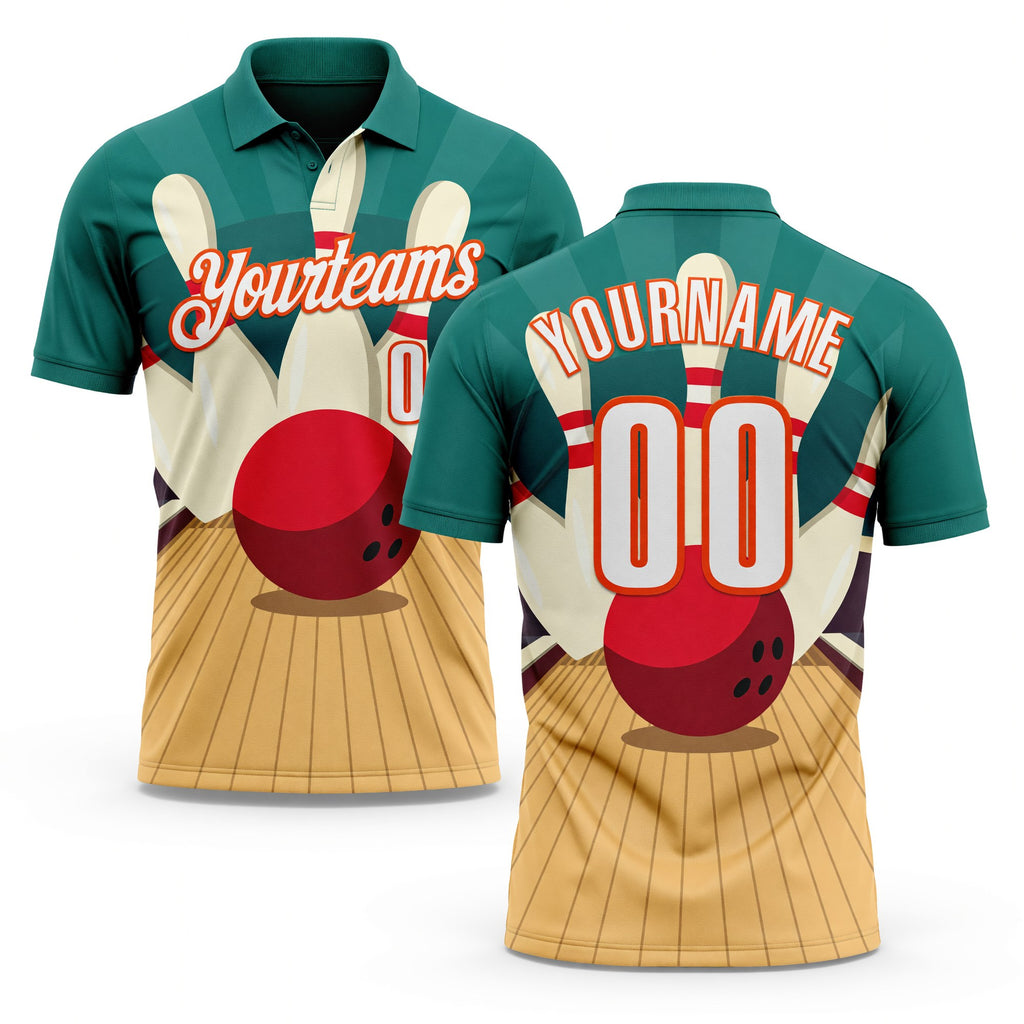 Custom Teal White City Cream-Orange Bowling Ball And Pins Strike Performance Polo Shirt