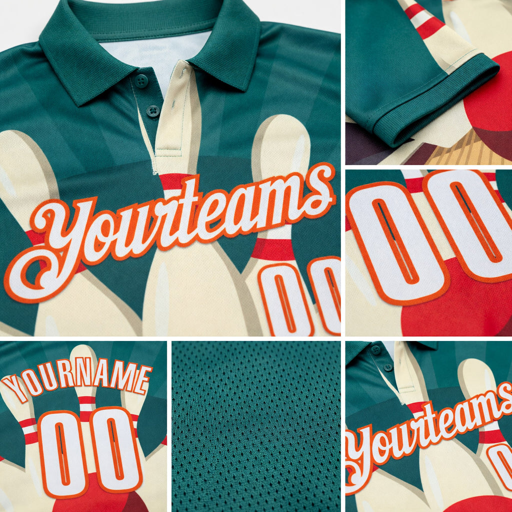 Custom Teal White City Cream-Orange Bowling Ball And Pins Strike Performance Polo Shirt detail