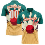 Custom Teal White City Cream-Orange Bowling Ball And Pins Strike Performance Polo Shirt photo 1