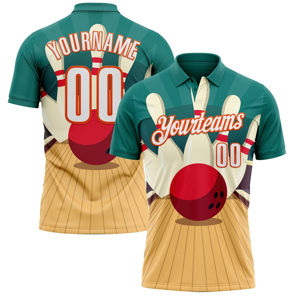 Custom Teal White City Cream-Orange Bowling Ball And Pins Strike Performance Polo Shirt photo 1