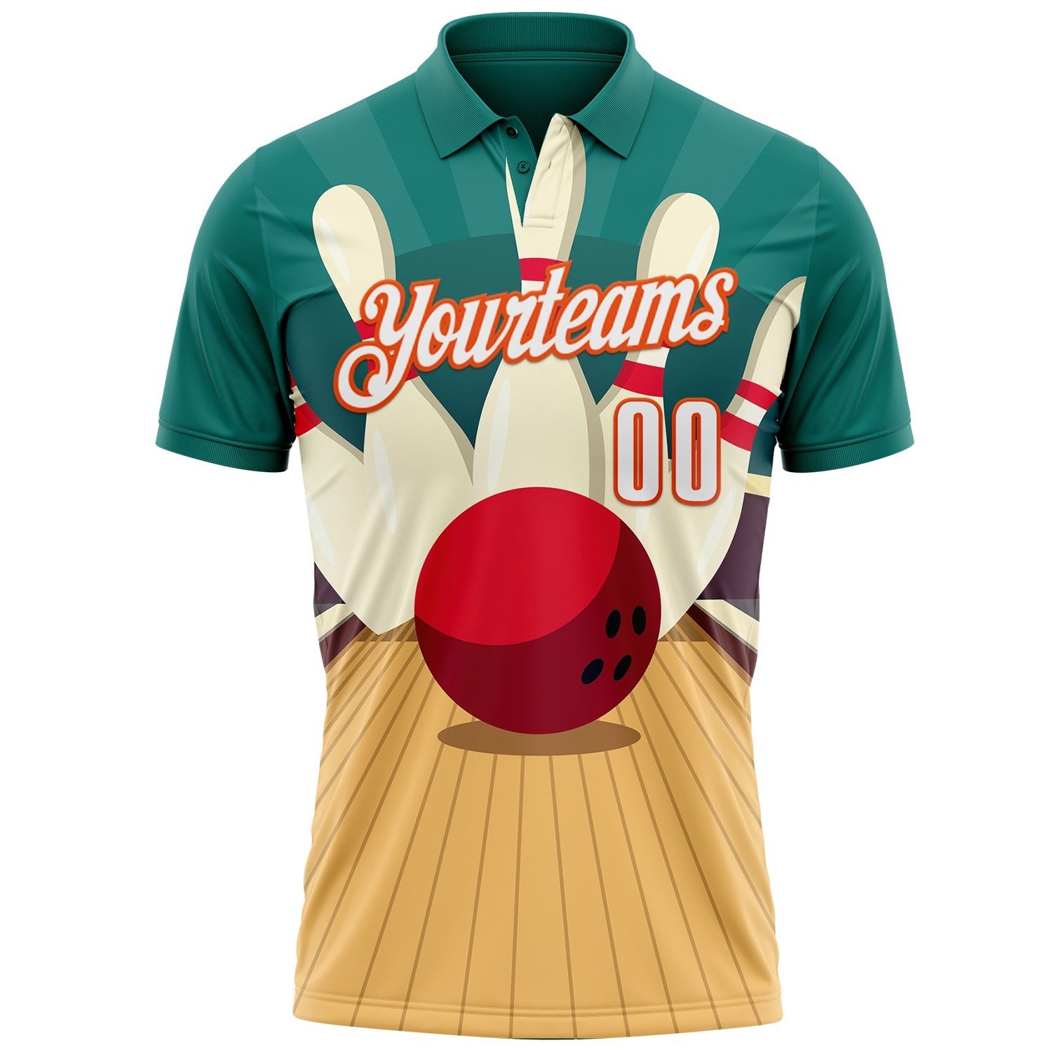 Custom Teal White City Cream-Orange Bowling Ball And Pins Strike Performance Polo Shirt photo 2