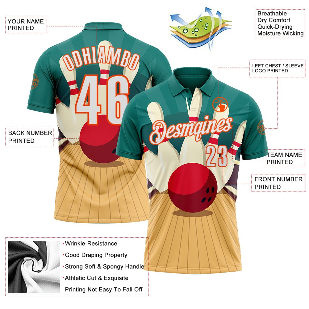 Custom Teal White City Cream-Orange Bowling Ball And Pins Strike Performance Polo Shirt photo 3