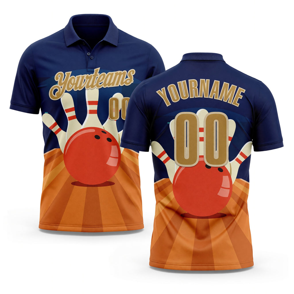 Custom Navy Old Gold Orange-City Cream Bowling Ball And Pins Strike Performance Polo Shirt