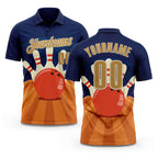 Custom Navy Old Gold Orange-City Cream Bowling Ball And Pins Strike Performance Polo Shirt
