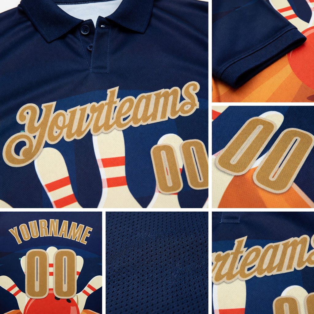 Custom Navy Old Gold Orange-City Cream Bowling Ball And Pins Strike Performance Polo Shirt detail