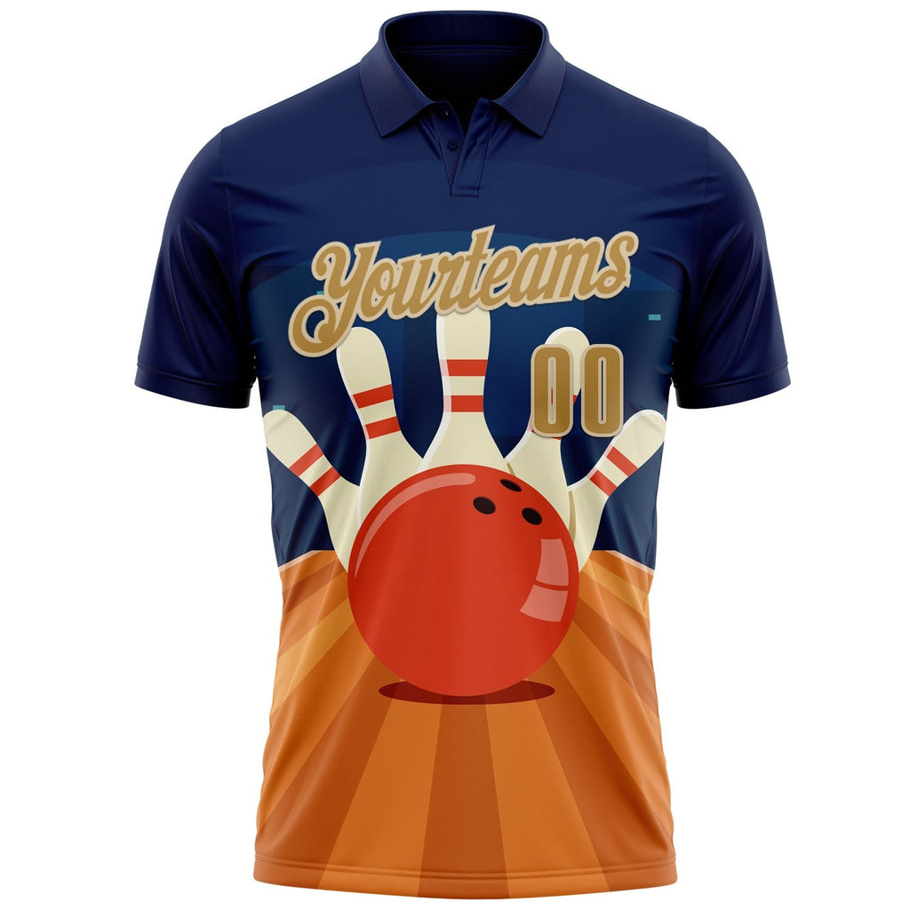 Custom Navy Old Gold Orange-City Cream Bowling Ball And Pins Strike Performance Polo Shirt photo 2