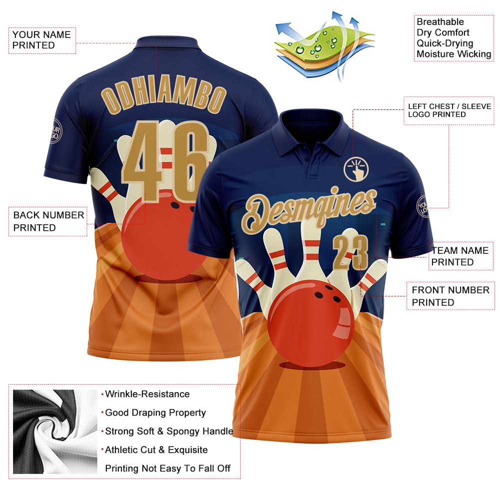 Custom Navy Old Gold Orange-City Cream Bowling Ball And Pins Strike Performance Polo Shirt photo 3