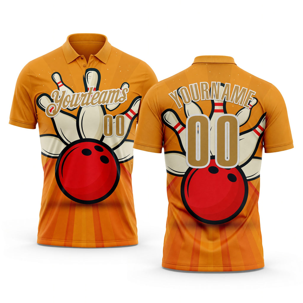 Custom Bay Orange Old Gold-White Bowling Ball And Pins Strike Performance Polo Shirt