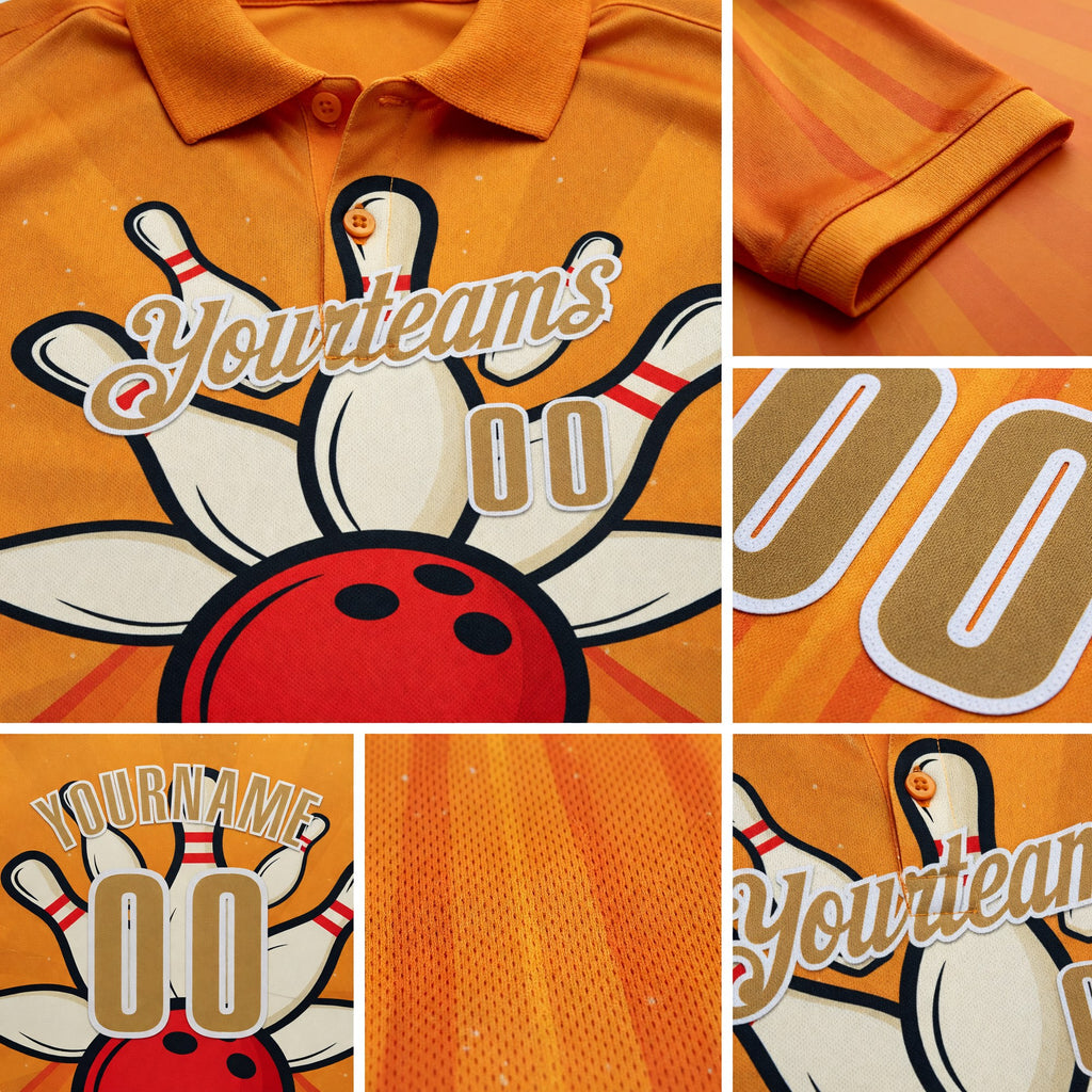 Custom Bay Orange Old Gold-White Bowling Ball And Pins Strike Performance Polo Shirt detail