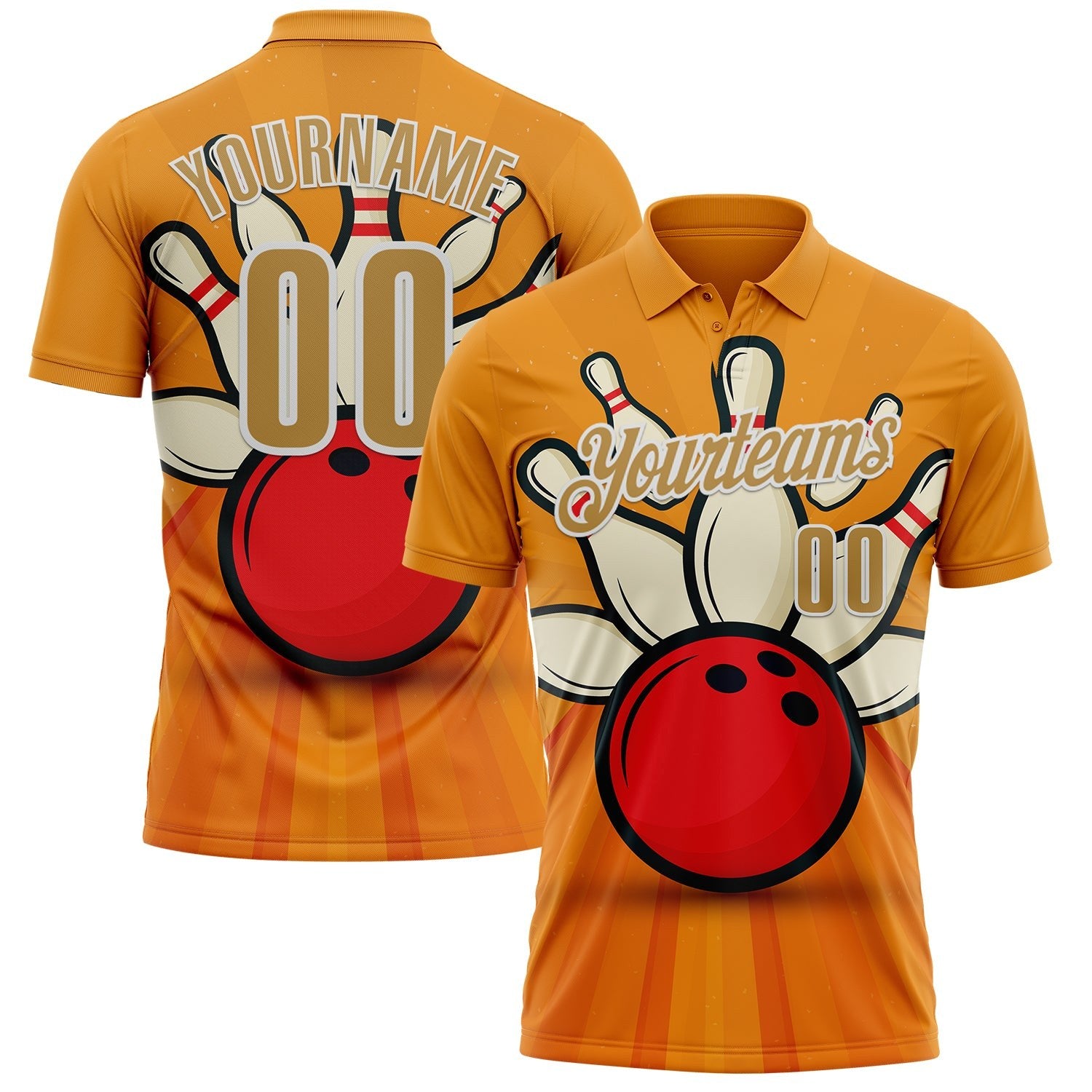 Custom Bay Orange Old Gold-White Bowling Ball And Pins Strike Performance Polo Shirt photo 1