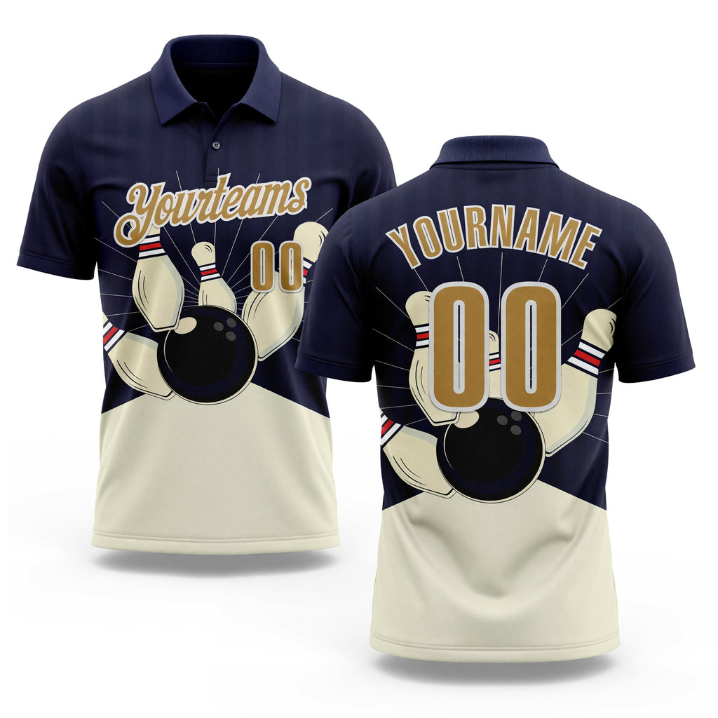 Custom Dark Purple Old Gold Cream-White Bowling Ball And Pins Strike Performance Polo Shirt