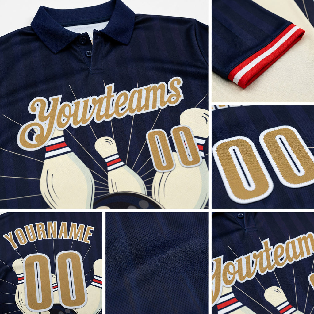 Custom Dark Purple Old Gold Cream-White Bowling Ball And Pins Strike Performance Polo Shirt detail