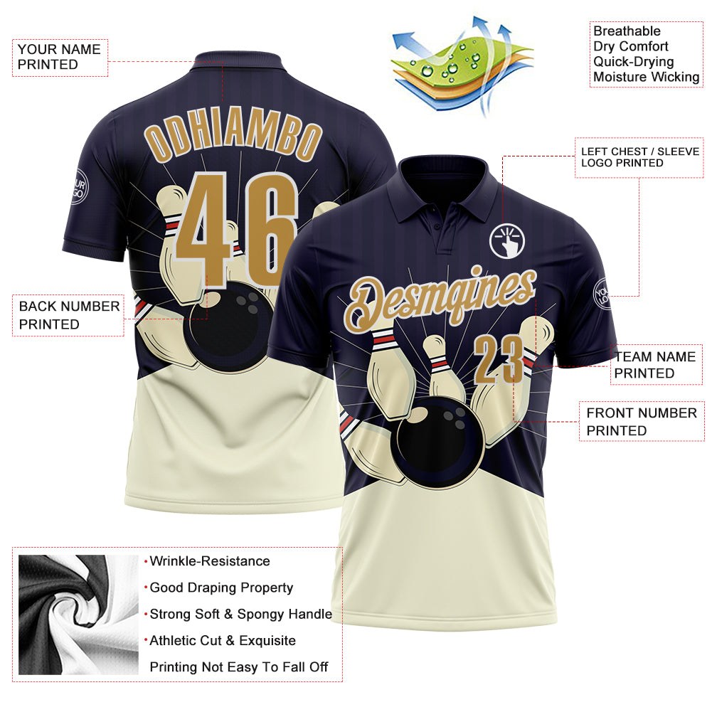 Custom Dark Purple Old Gold Cream-White Bowling Ball And Pins Strike Performance Polo Shirt photo 3
