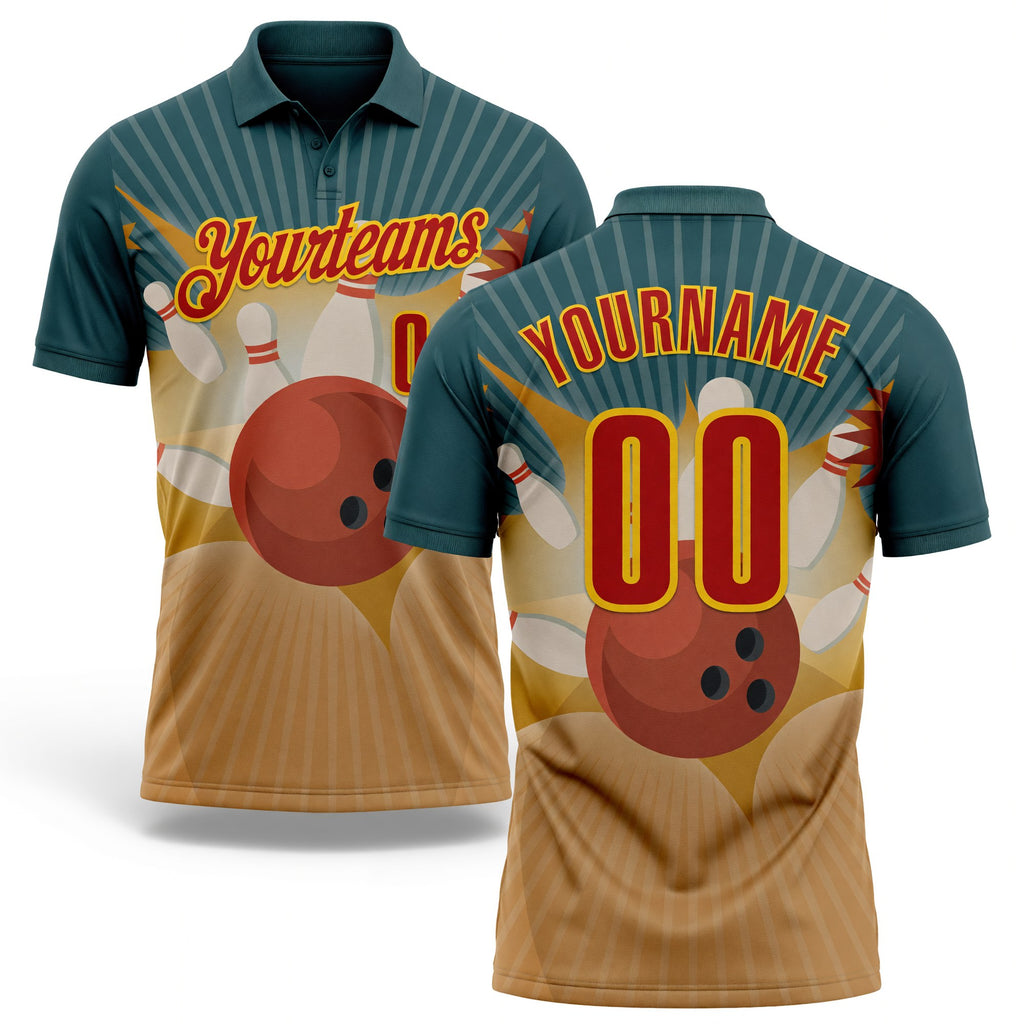 Custom Teal Red Old Gold-Yellow Bowling Ball And Pins Strike Performance Polo Shirt