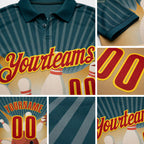 Custom Teal Red Old Gold-Yellow Bowling Ball And Pins Strike Performance Polo Shirt detail