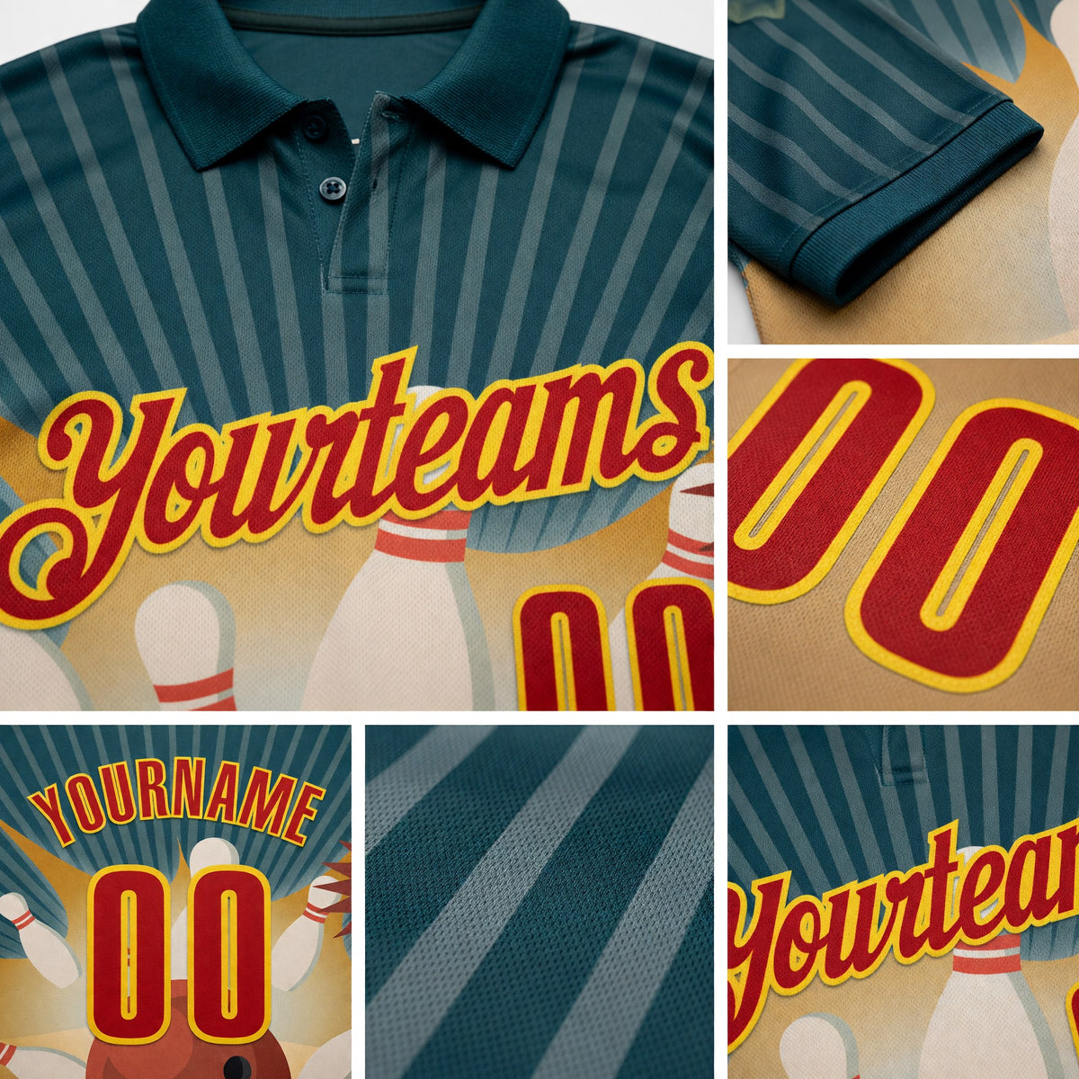 Custom Teal Red Old Gold-Yellow Bowling Ball And Pins Strike Performance Polo Shirt detail