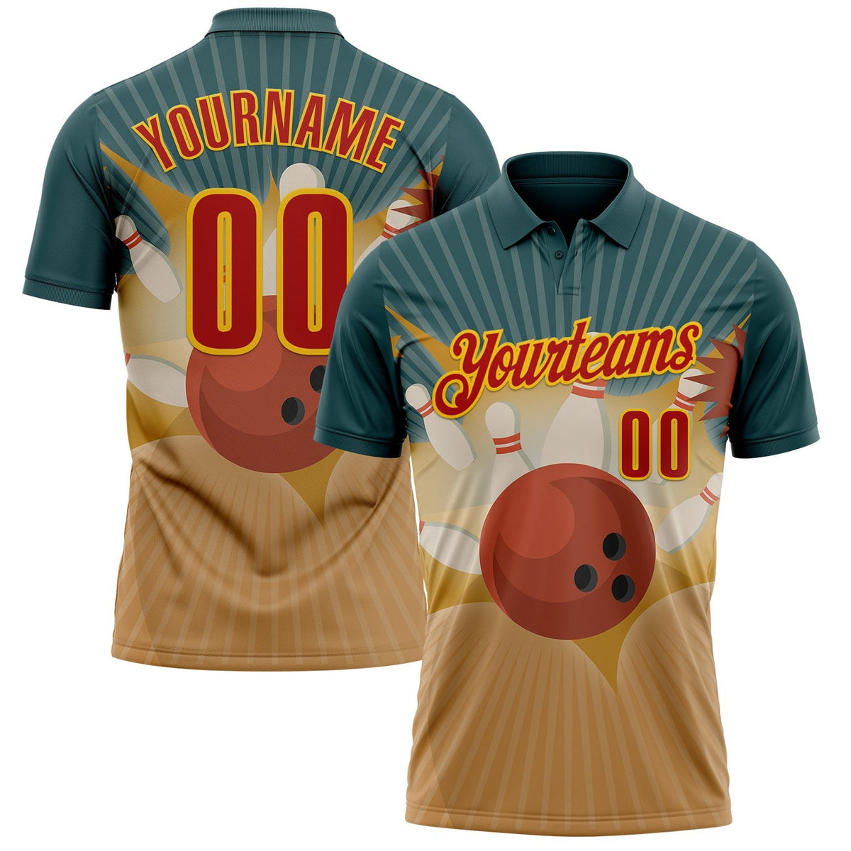 Custom Teal Red Old Gold-Yellow Bowling Ball And Pins Strike Performance Polo Shirt photo 1