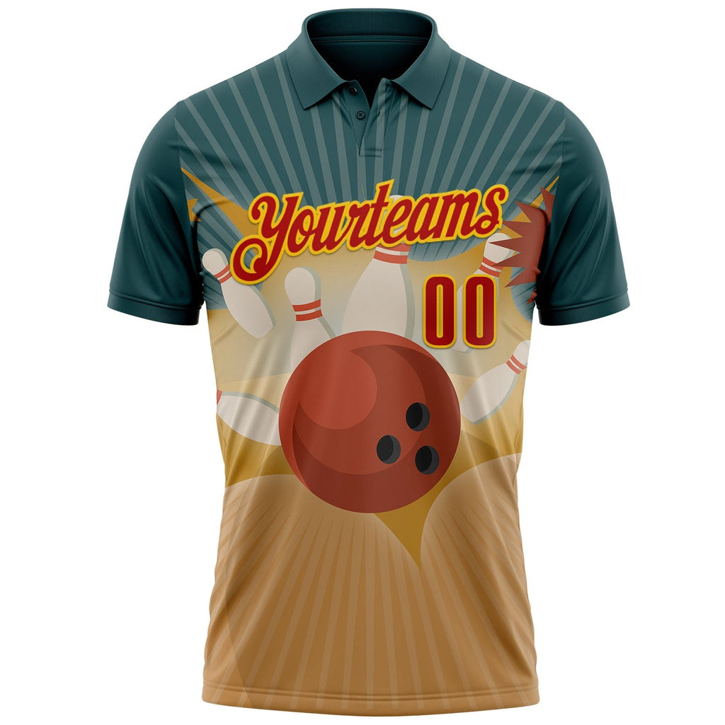 Custom Teal Red Old Gold-Yellow Bowling Ball And Pins Strike Performance Polo Shirt photo 2