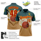 Custom Teal Red Old Gold-Yellow Bowling Ball And Pins Strike Performance Polo Shirt photo 3