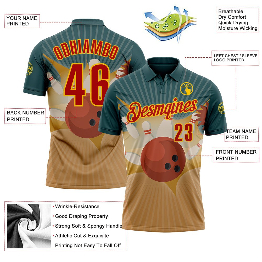 Custom Teal Red Old Gold-Yellow Bowling Ball And Pins Strike Performance Polo Shirt photo 3
