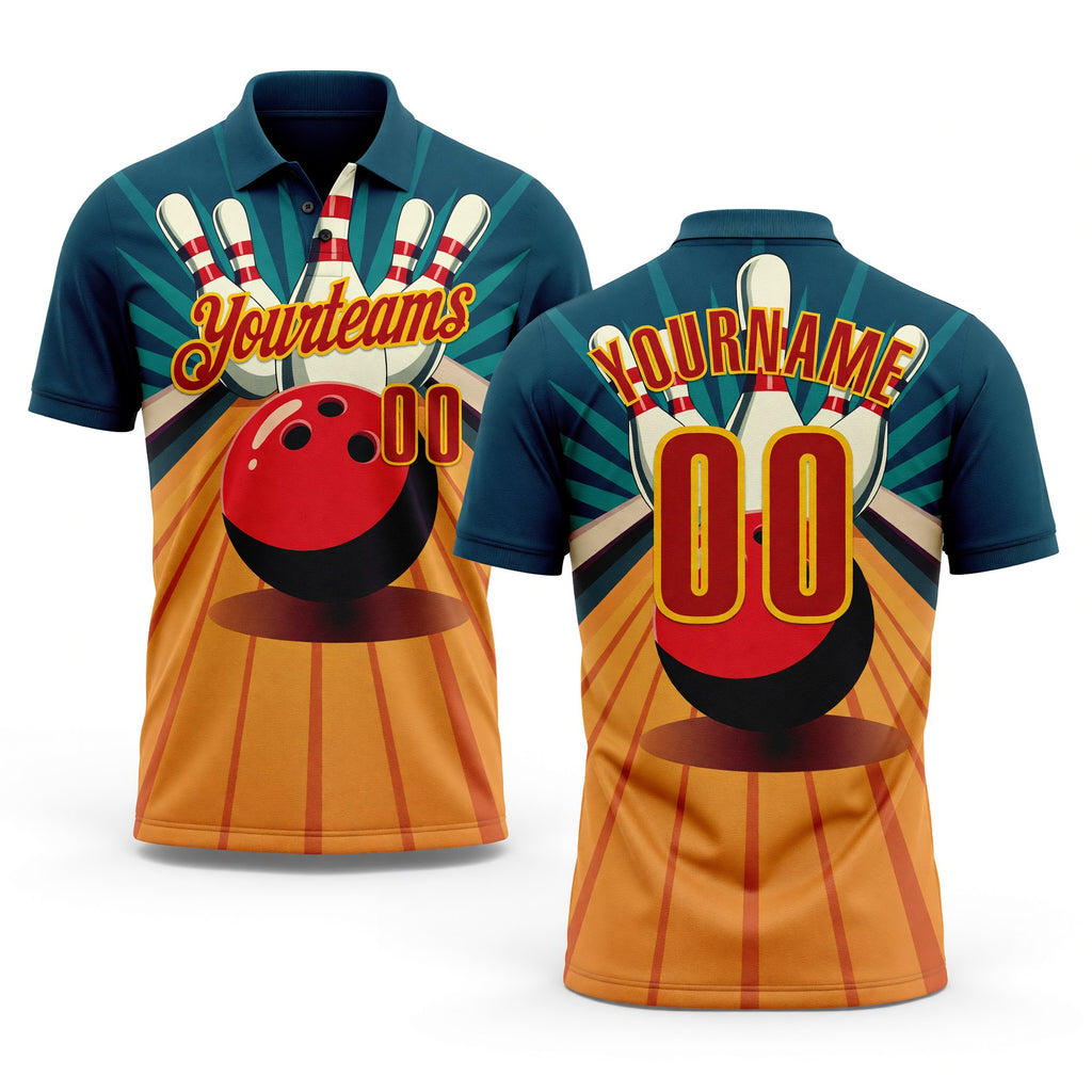 Custom Teal Red-Yellow Bowling Ball And Pins Strike Performance Polo Shirt