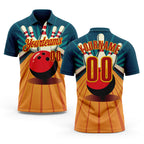 Custom Teal Red-Yellow Bowling Ball And Pins Strike Performance Polo Shirt