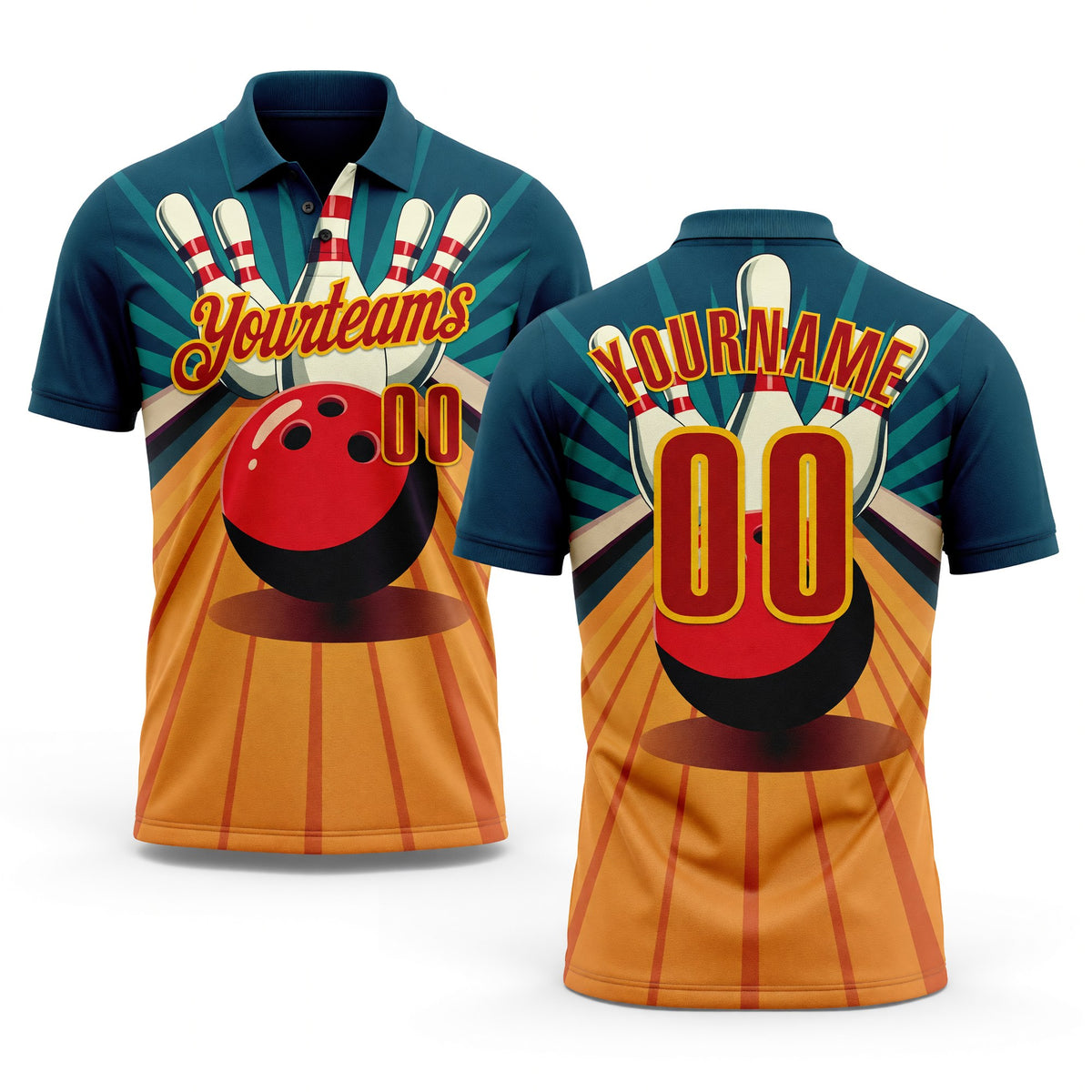 Custom Teal Red-Yellow Bowling Ball And Pins Strike Performance Polo Shirt