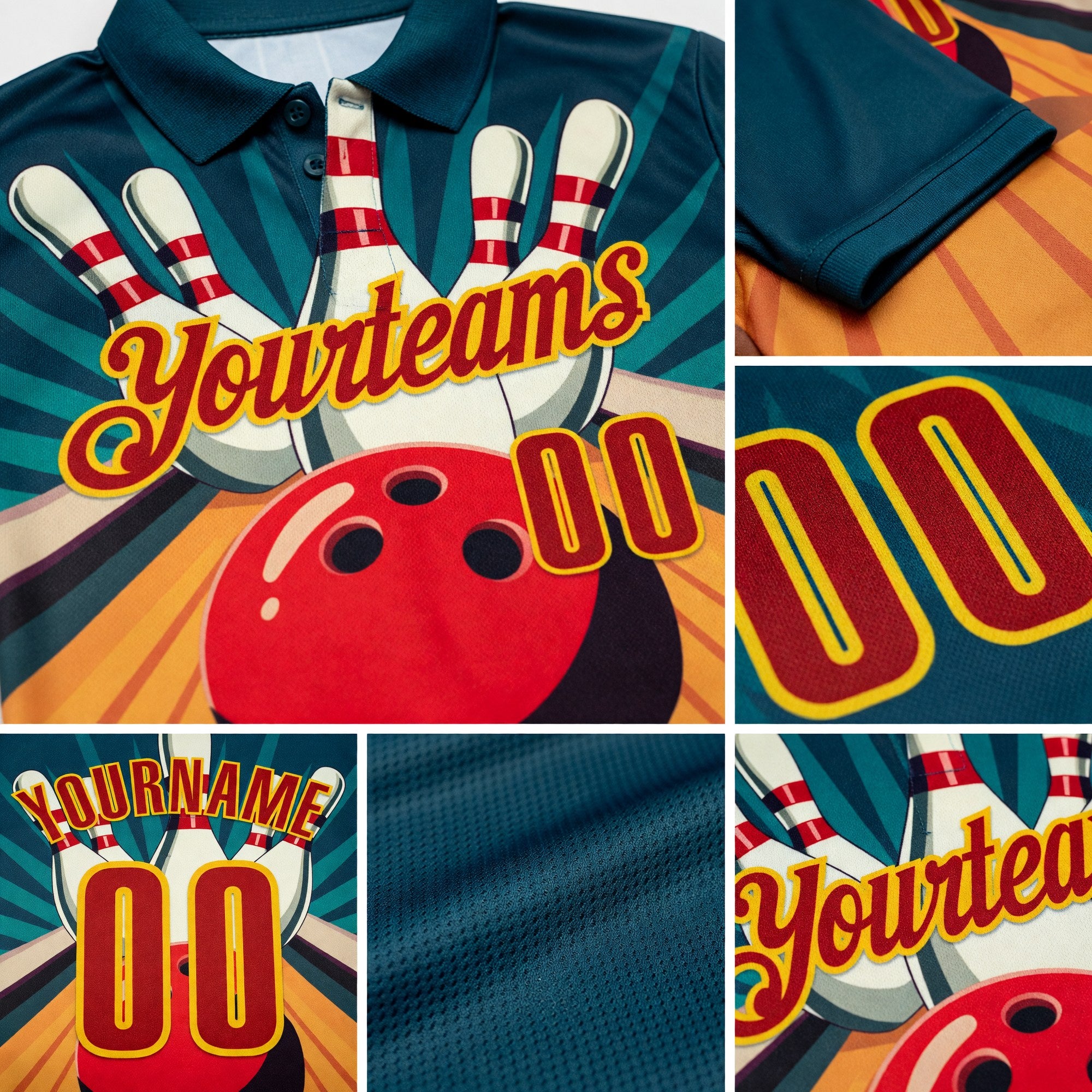 Custom Teal Red-Yellow Bowling Ball And Pins Strike Performance Polo Shirt detail