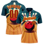 Custom Teal Red-Yellow Bowling Ball And Pins Strike Performance Polo Shirt photo 1