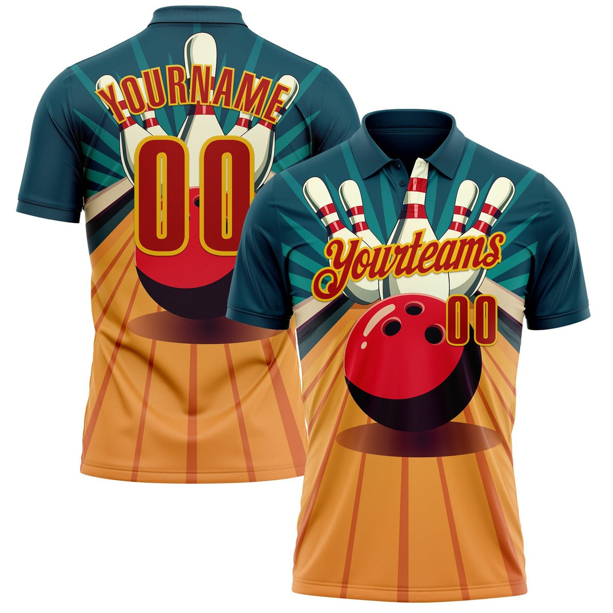 Custom Teal Red-Yellow Bowling Ball And Pins Strike Performance Polo Shirt photo 1