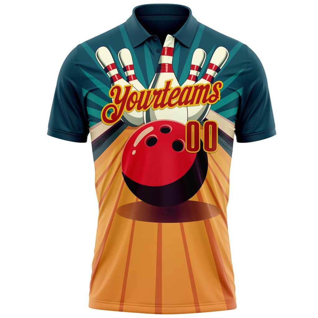 Custom Teal Red-Yellow Bowling Ball And Pins Strike Performance Polo Shirt photo 2