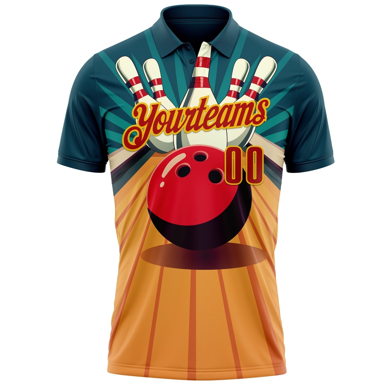 Custom Teal Red-Yellow Bowling Ball And Pins Strike Performance Polo Shirt photo 2