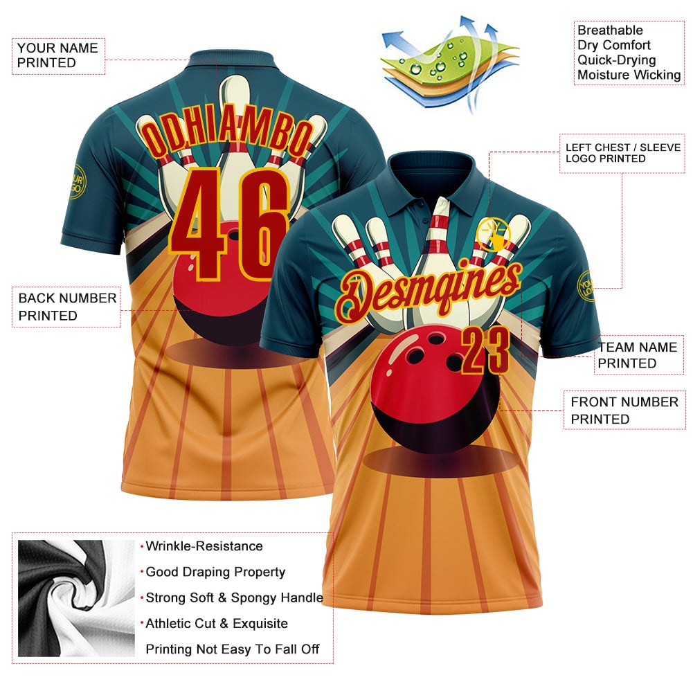 Custom Teal Red-Yellow Bowling Ball And Pins Strike Performance Polo Shirt photo 3