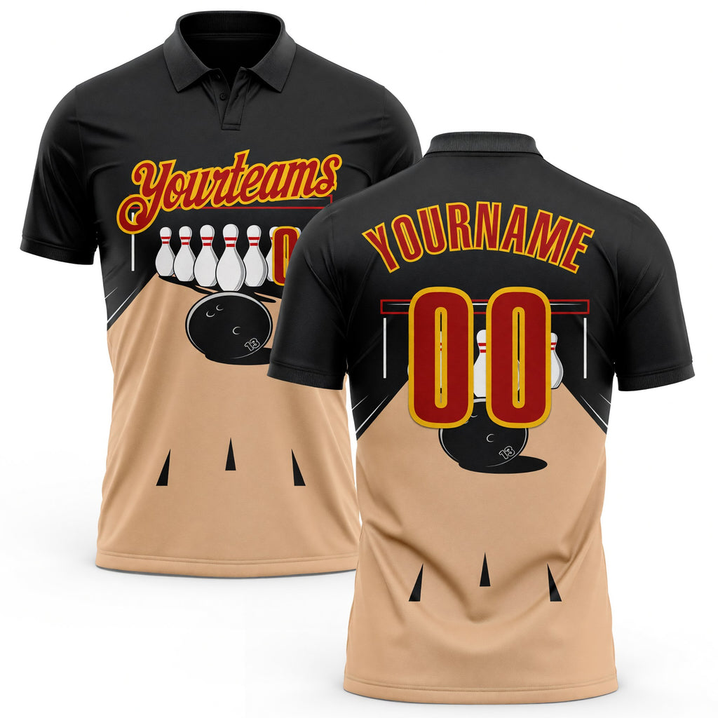 Custom Black Red Vegas Gold-Yellow Bowling Ball And Pins Performance Polo Shirt