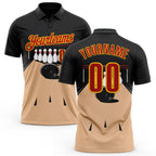 Custom Black Red Vegas Gold-Yellow Bowling Ball And Pins Performance Polo Shirt