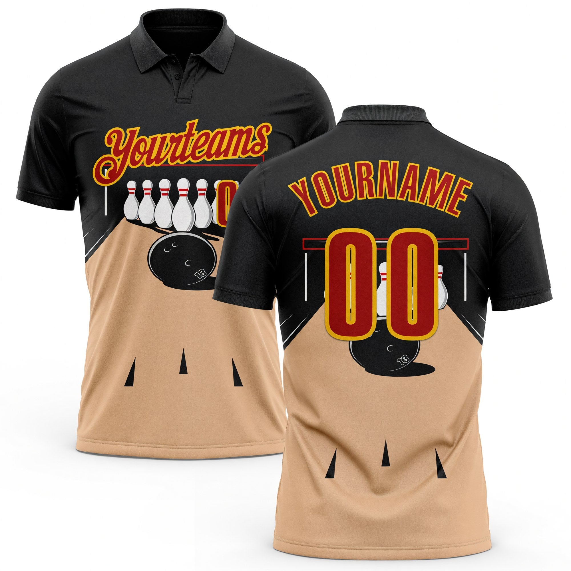 Custom Black Red Vegas Gold-Yellow Bowling Ball And Pins Performance Polo Shirt